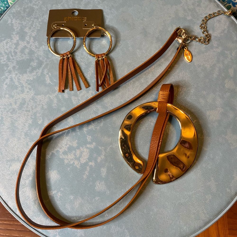 Chico’s Gold Leather Necklace Earrings Set